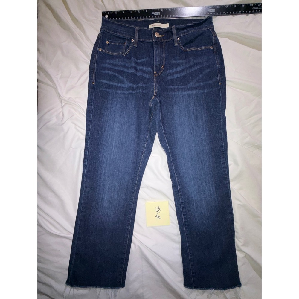 Levis 505 Straight Leg Jeans Dark Wash Raw Hem Size 4 Womens Denim T11-11